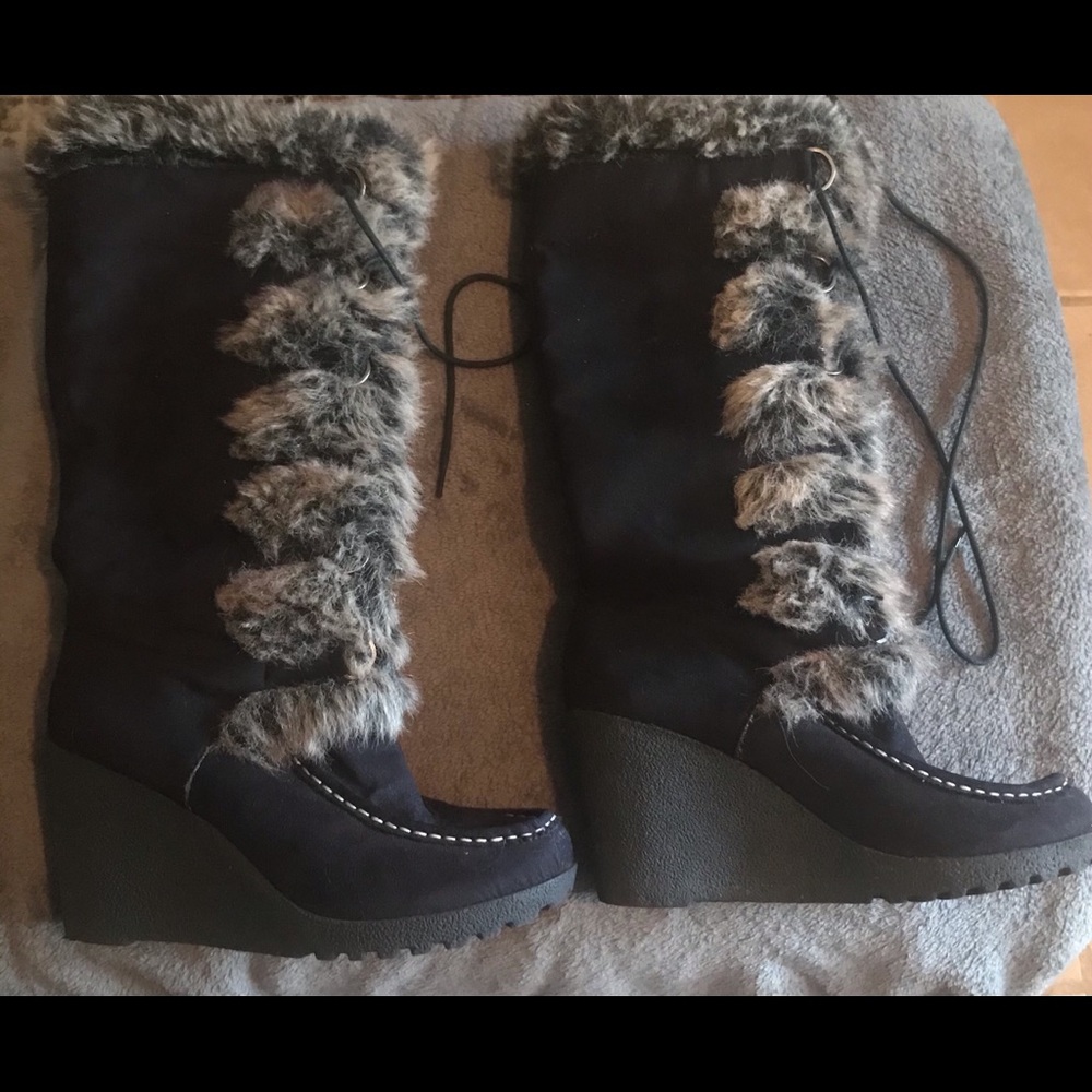 Knee High Faux Fur Wedge Heeled Boots